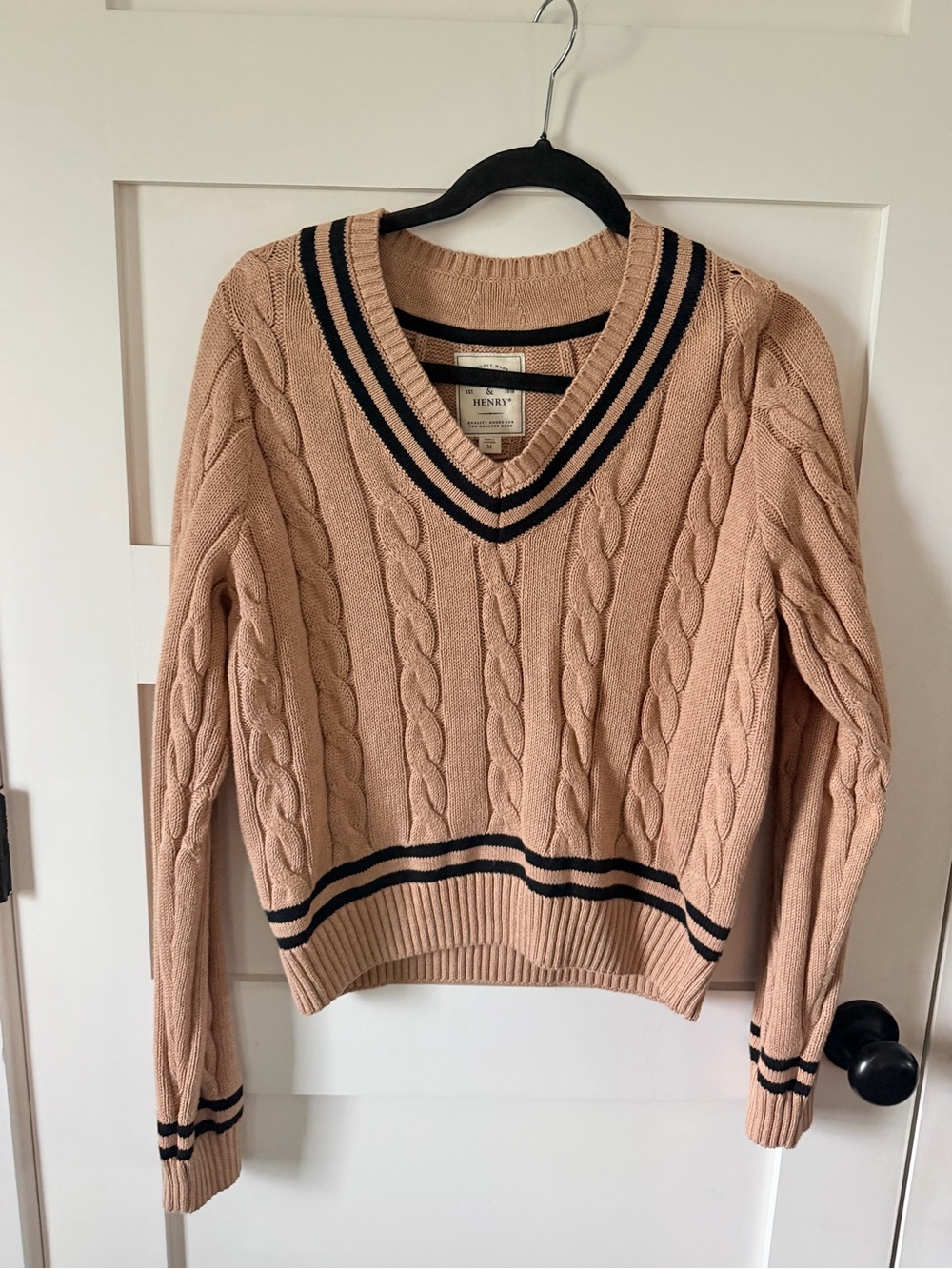 Henley Cable-Knit V-Neck Sweater in Blush Pink with Stripe Trim